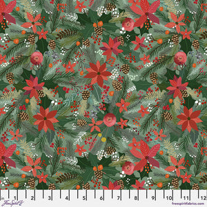 Christmas Squad by Mia Charro for Freespirit Fabrics Pine Smell in Green tones of green from light to dark with pinecones holly berries in red and white and red poinsettia flowers with foliage high quality cotton fabric for quilts stockings tree skirts gift bags reusable holiday tablerunner pillowcase