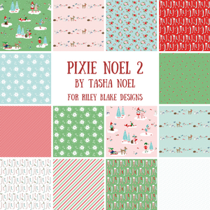 Pixie Noel 2 Tasha Noel Riley Blake Designs Christmas Holiday pixies deer sleds snowglobes flowers mushrooms snow stripes pink red green aqua cream adorable cotton fabric material quilt material sewing project bag