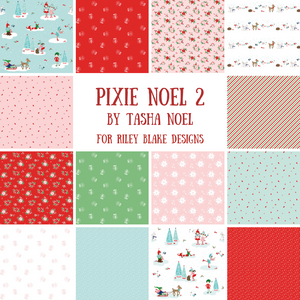 Pixie Noel 2 Tasha Noel Riley Blake Designs Christmas Holiday pixies deer sleds snowglobes flowers mushrooms snow stripes pink red green aqua cream adorable cotton fabric material quilt material sewing project bag