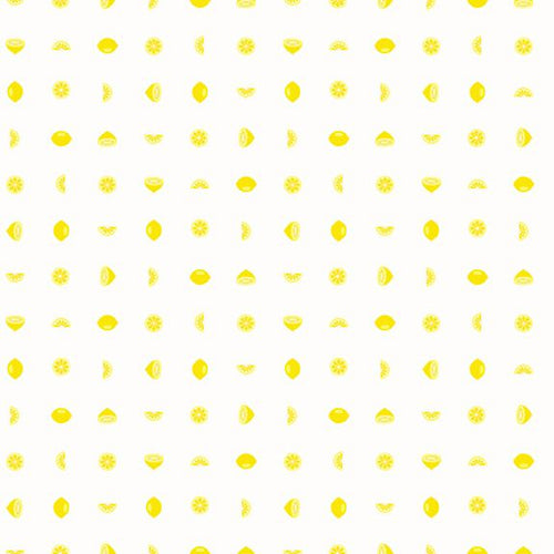 Delightfully bright yellow lemons, in slices and whole are in a grid pattern a white background. 