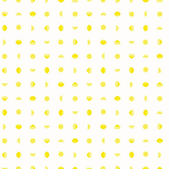 Delightfully bright yellow lemons, in slices and whole are in a grid pattern a white background. 