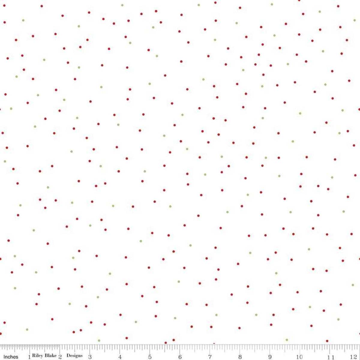 Riley Blake Designs Basic Pin Dot Design in Christmas colors Scattered small polka dots in red green silver on a white background for use as a blender or accent in a quilt tree skirt bag stocking high quality cotton fabric material
