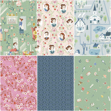 Load image into Gallery viewer, Little Women by Jill Howarth for Riley Blake Designs Fabrics Jo Amy Beth Meg Louisa May Alcott book material cameo character fabric novelty retro kids fussy cut house glove skates teapot 
