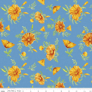 Golden Poppies Flowers Turquoise California poppy orange gold red blue background Riley Blake Designs cotton material fabric Shaeleen Louise floral 