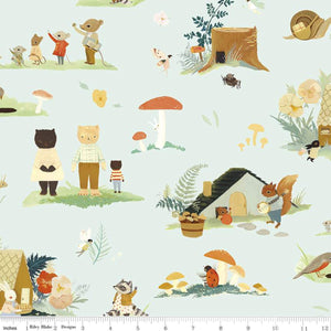 The Littlest Family's Big Day Collection by Emily Winfield Martin for Riley Blake Designs cotton quilt garment fabric material  main print aqua mushroom squirrel kitty cat mice snail ladybug bird racoon