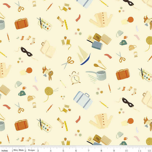 The Littlest Family's Big Day Collection by Emily Winfield Martin for Riley Blake Designs cotton quilt garment fabric material  toss print cream fussy cutting cut suitcase clock bunny yarn teacup watercolor paint scissor socks 