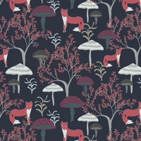 Magical Night The Thicket Winter Night Fabric by RJR Mushrooms Foxes Dark gray Trees Cotton Quilting Fabric