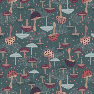 Magical Night Chanterelle Green Elfcup Fabric RJR Mushroom hunter green spotted cotton quilting fabric