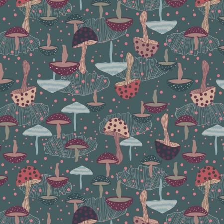 Magical Night Chanterelle Green Elfcup Fabric RJR Mushroom hunter green spotted cotton quilting fabric