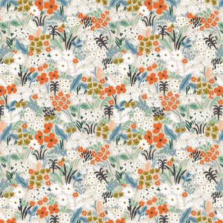 Rifle Paper Co. for Cotton + Steel Meadow flowers on flax background red poppies olive green foliage vintage blue accents and peachy pink classic for Cotton + Steel cotton fabric quilting garment making clothing bags backpack material sewing 
