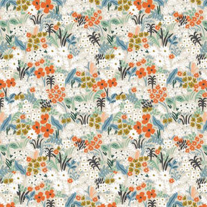 Rifle Paper Co. for Cotton + Steel Meadow flowers on flax background red poppies olive green foliage vintage blue accents and peachy pink classic for Cotton + Steel cotton fabric quilting garment making clothing bags backpack material sewing 