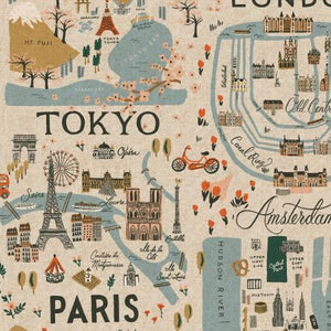 Rifle Paper Co. Bon Voyage Cotton + Steel vintage style city guide map on unbleached natural canvas with soft blue and tone on tone accents Paris Effiel Tower Amesterdam Hudson Rivers Paris France Tokyo Japan ferris wheel London England pillow bag backpack apron fabric material 