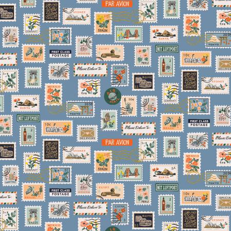 Rifle Paper Co. Bon Voyage for Cotton + Steel vintage style vintage postage stamps from around the world cotton antique blue accents Paris france amsterdam tokyo london new york quilt material bags apron pillow fabric metallic cancellation stamp