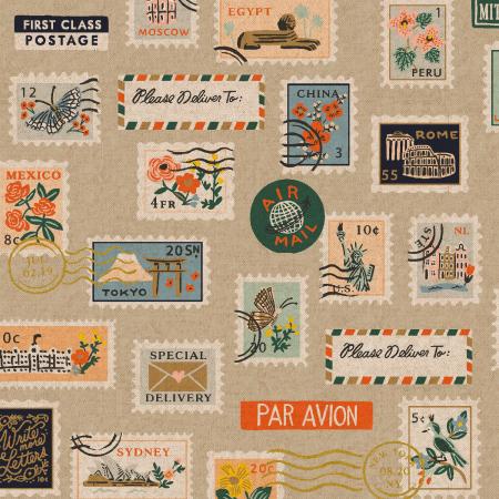 Rifle Paper Co. Bon Voyage for Cotton and Steel fabrics  Unbleached natural canvas beige tan background with vintage postage stamps from around the world great for pillows zippy bags backpacks aprons and more material projects sewing making