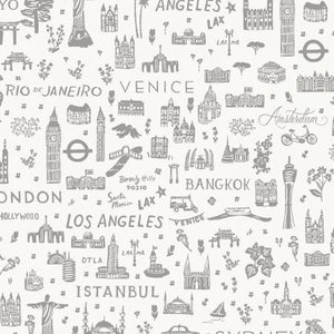 Rifle Paper Co. Bon Voyage for Cotton + Steel vintage style monuments in silhouette in grey gray on cream from around the world Paris france amsterdam tokyo london new york quilt material bags apron pillow fabric  Istanbul venice Rio Bangkok