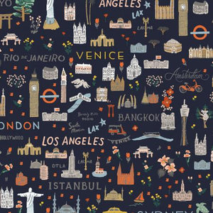 Rifle Paper Co. Bon Voyage for Cotton + Steel vintage style monuments from around the world cotton navy blue Paris france amsterdam tokyo london new york quilt material bags apron pillow fabric 