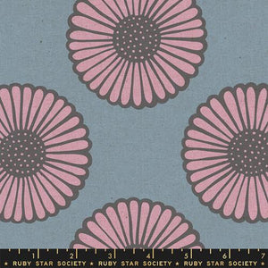 Unruly Nature Canvas in Sky by Ruby Star Society pink large plate sized  sunflowers on a slate blue background high quality cotton canvas for bags, shorts, aprons, garments and other sewing projects