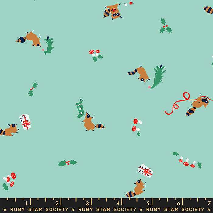 Raccoons with Christmas trees presents holly and red mushrooms on Frost green background from Jolly Darlings by Ruby Star Society for Moda Fabrics cotton holiday yardage for stockings quilts pillowcases tree skirts fussy cutting and more 