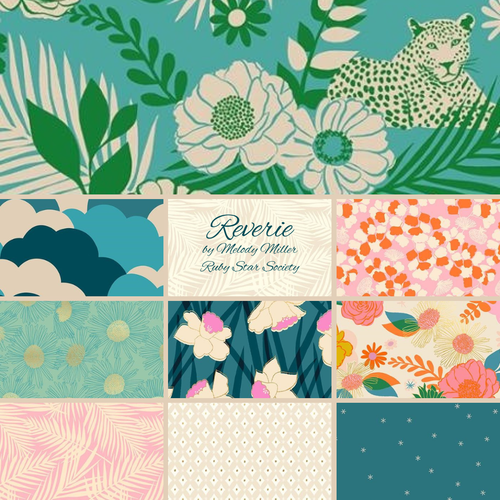 Curated fat quarter bundle of 10 prints from the Reverie collection by Melody Miller for Ruby Star Society and Moda fabrics layered clouds in blues tone on tone low volume palm fronds flowers daffodils metallic leopard in cream and green quilt weight cotton for bags quilts garments clothing sewing projects