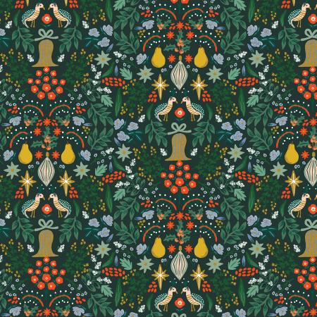 Rifle Paper Co. Holiday Classics Partridge in a Pear Tree Evergreen Metallic Cotton Fabric Pine Green red accents quilting fabric
