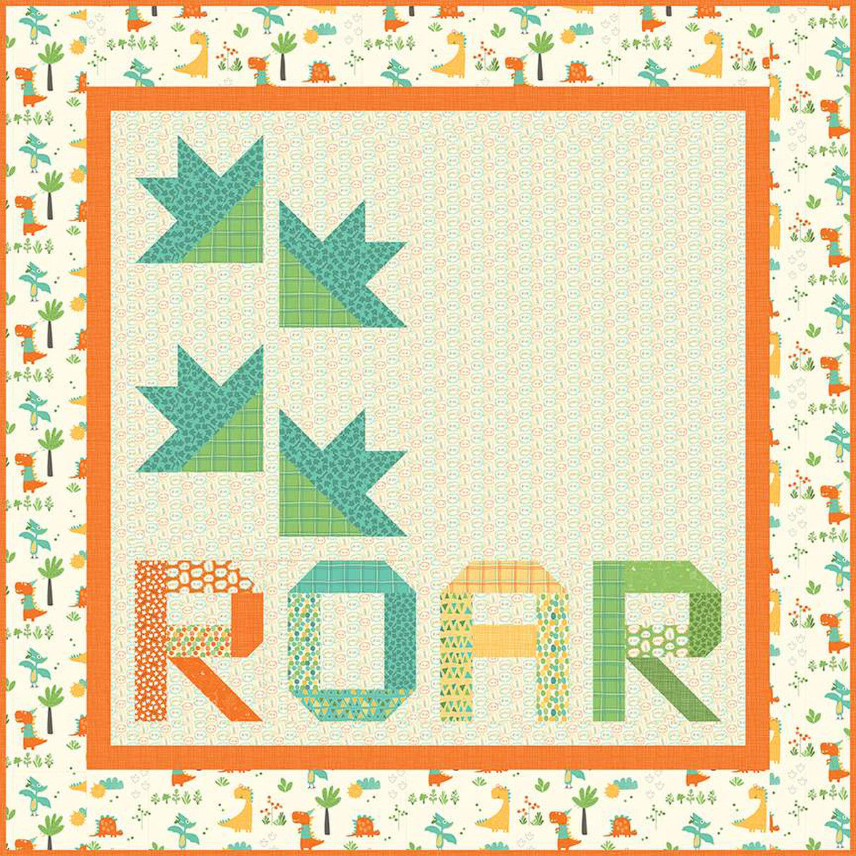 Roar Dinosur Quilt pattern by Sandy Gervais for Riley Blake Designs Baby or Wall Hanging Size quilt blanket Pieces from my Heart Dinosaur tracks and the word roar 