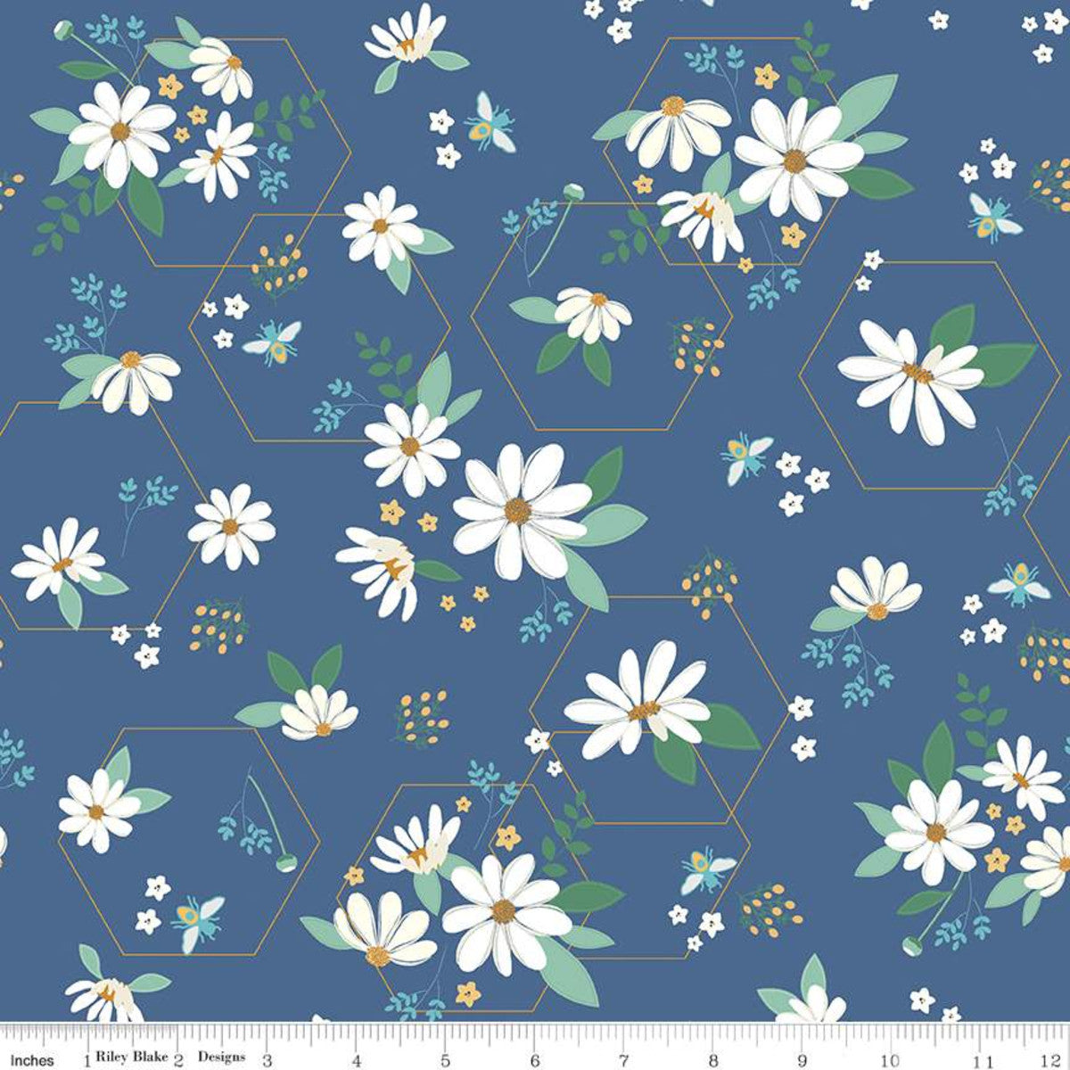 Dainty Fields Main print in Denim by Beverly McCullough for Riley Blakes Designs basic fabric in medium blue with different sized daisies and small flower bouquets inside a fold hexagon outline cotton quilting sewing fabric material