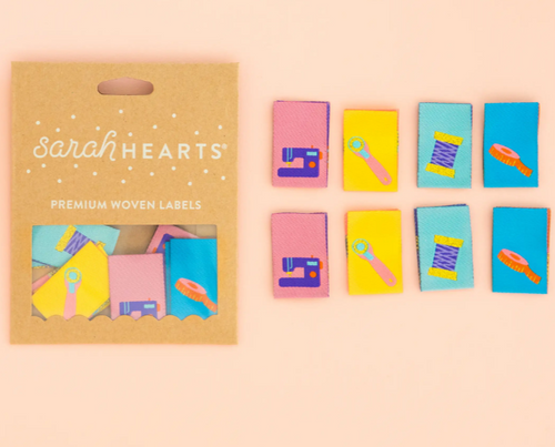 Sarah Hearts sewing labels tools machine rotary cutter spool of thread measuring tape pink yellow aqua blue premium woven labels