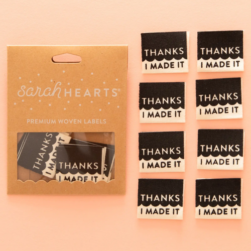 Sarah Hearts Labels for quilts garments clothing bags purses sewing projects double fold Thanks I Made It in Black and white