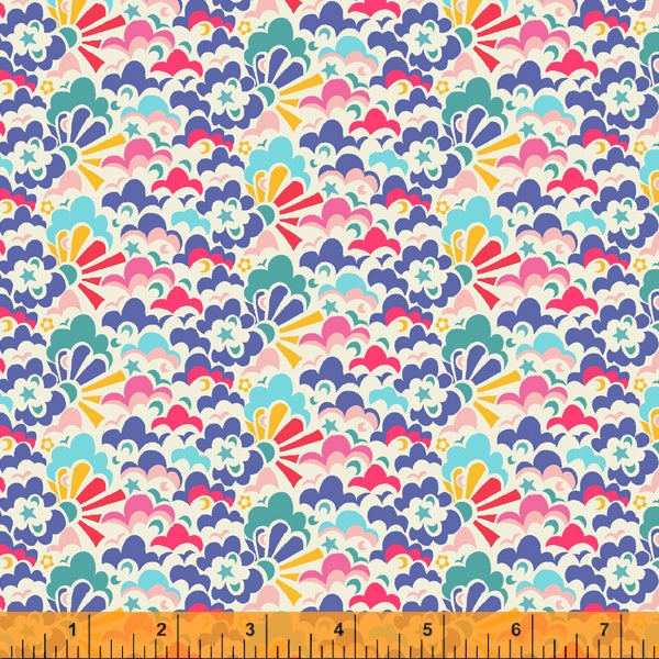 Sally Kelly Eden Cloud Puff Retro lavender blue yellow pink clouds stars sunshineLiberty of London designer high quality cotton quilt garment clothing sewing fabric material