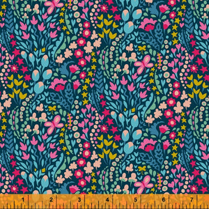 Sally Kelly Eden Flower Blanket dark blue background meadow flowers stars buds leaves pink blue yellowLiberty of London designer high quality cotton quilt garment clothing sewing fabric material