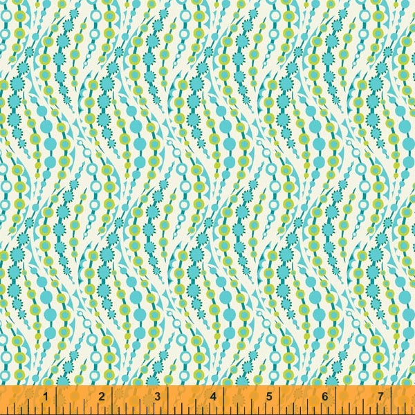 Sally Kelly Eden Ripple Rippling Swirling beads grasses in aqua blue green on cream background Liberty of London designer high quality cotton quilt garment clothing sewing fabric material
