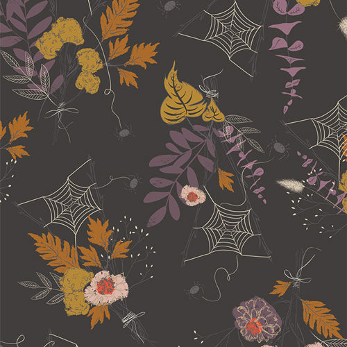 Cast a Spell from Sweet 'n Spookier Halloween collection by Art Gallery Fabrics charcoal gray grey background with spider webs dusty dead leaves and flowers in rust gold and purple high quality quilt fabric for sewing quilts projects trick or treat bags material