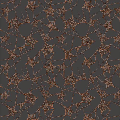Web of Scares from Sweet 'n Spookier Halloween collection by Art Gallery Fabrics charcoal gray grey black background with caramel orange colored intertwined spider webs high quality quilt fabric for sewing quilts projects trick or treat bags material