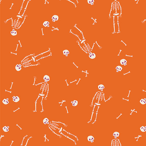 Mr. No Body in Blaze from Sweet 'n Spookier by Art Gallery Fabrics AGF  Orange background with tossed white skeletons  high quality quilt sewing project fabric material