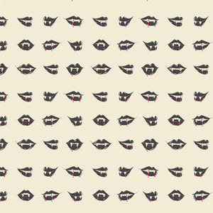Fangtastic Lips from Sweet 'n Spookier Halloween collection by Art Gallery Fabrics cream background with rows of vampire teeth fangs choppers high quality quilt fabric for sewing quilts projects trick or treat bags material