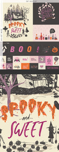 Spooky Season Panel from Sweet 'n Spookier Halloween Collection by Art Gallery Fabrics AGF Banner to hang up with BOO pumpkins spiders and large print sections to use for trick or treat bags, pillows or other sewing projects high quality cotton
