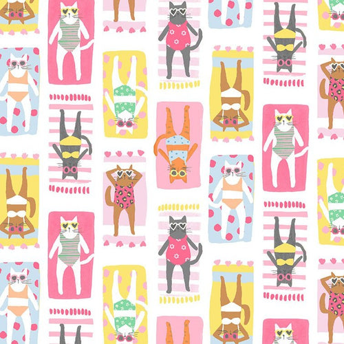 Meowmi Beach Dear Stella pink yellow green aqua kitty cats at the beach on towels wearing sunglasses cotton fabric material quilt bag sewing garment