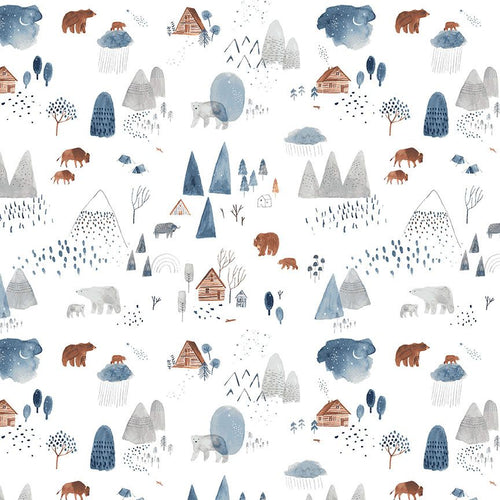 Dear Stella Be Brave main print with clouds sky rain bears log cabin polar bear buffalo trees mountains soft shades of blue gray and brown on white background cotton quilt weight fabric for quilts garments bags sewing projects