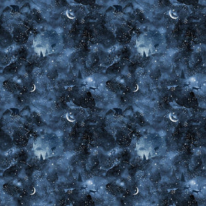 Dear Stella Be Brave The Dream in multiple shades of gray and blue fanciful deer bears wolves constellations stars and moon in night sky cotton quilt weight fabric for quilts garments bags sewing projects