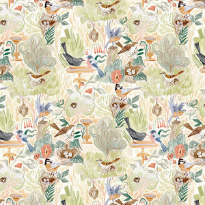 Dear Stella Bird Song by Rae Ritchie  stylized birds in the garden on birdbath in trees fountain soft greens blues grays on cream background cotton quilt weight fabric for quilts garments bags sewing projects