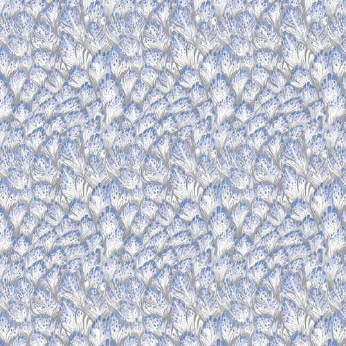 Dear Stella Bird Song by Rae Ritchie Feathers densely clustered white feathers with blue speckled accents on a soft blue gray background cotton quilt weight fabric for quilts garments bags sewing projects