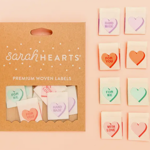 Sarah Hearts Conversation Hearts woven double sided labels for Valentine's day clothing garments quilts bags ivory background light purple orange green pink hearts with messages Handmade For You For Me With Love