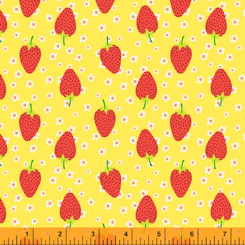 Sew Good Strawberries and Daisies Yellow Red Pink Deborah Fisher Fish Museum and Circus Sew Good Windham Fabrics cotton quilt material sewing garment novelty whimsical pin cushion button
