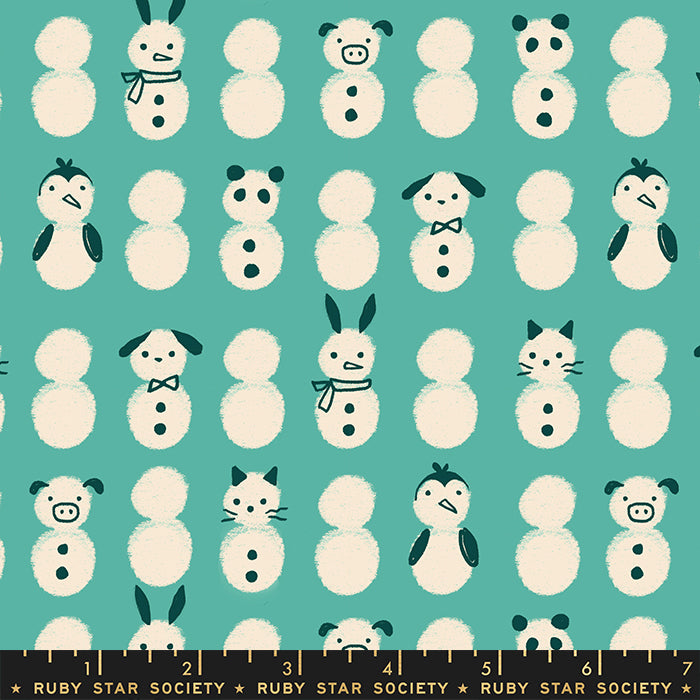 Cream white snowmen with penguin dog cat pig panda faces and ears in dark teal on Icebox green background from Jolly Darlings by Ruby Star Society for Moda Fabrics cotton holiday yardage for stockings quilts pillowcases tree skirts fussy cutting and more 