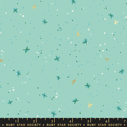 Teal and gold metallic stars with scattered white and teal dots on aqua greenbackground from Jolly Darlings by Ruby Star Society for Moda Fabrics cotton holiday yardage for stockings quilts pillowcases tree skirts fussy cutting and more 