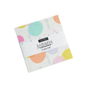 42 charm squares (5"x 5") with all of the beautiful prints from the Soiree collection by Mara Penny soft aqua lavender ink green birthday party prints with balloons cake confetti fans darling for a trable runner or quilt 