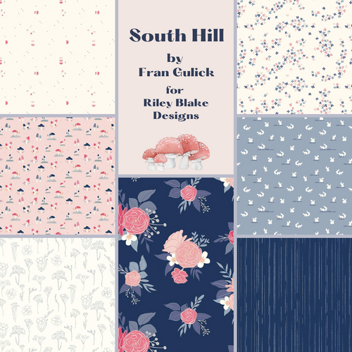 South Hill by Fran Gulick for Riley Blake Designs fat quarter bundle of 7 prints in navy blush pink cream and gray includes toadstool mushrooms squirrels flowers petals confetti style background and navy stripe cotton for quilting sewing garments clothing and bags