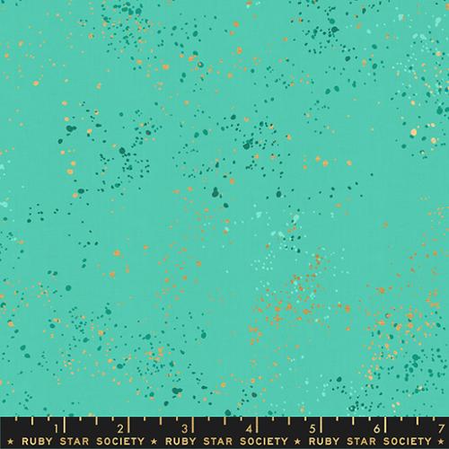 Speckled by Rashida Coleman Hale for Ruby Star Society and Moda Fabrics Icebox Green Blue with spatters of darker green gold metallic and lighter green faded spots for speckled look high quality quilt cotton for sewing projects quilts bags garments 