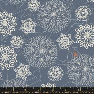 cream doily lace on slate blue gray background Spooky Darlings by Ruby Star Society for Moda Fabrics Halloween collection cotton for trick or treat bags pillowcases quilts and more