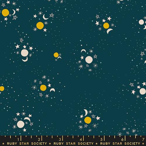 celestial clusters of moons and stars in white and yellow on a dark teal background Spooky Darlings by Ruby Star Society for Moda Fabrics Halloween collection for trick or treat bags quilts pillowcases table runners and more